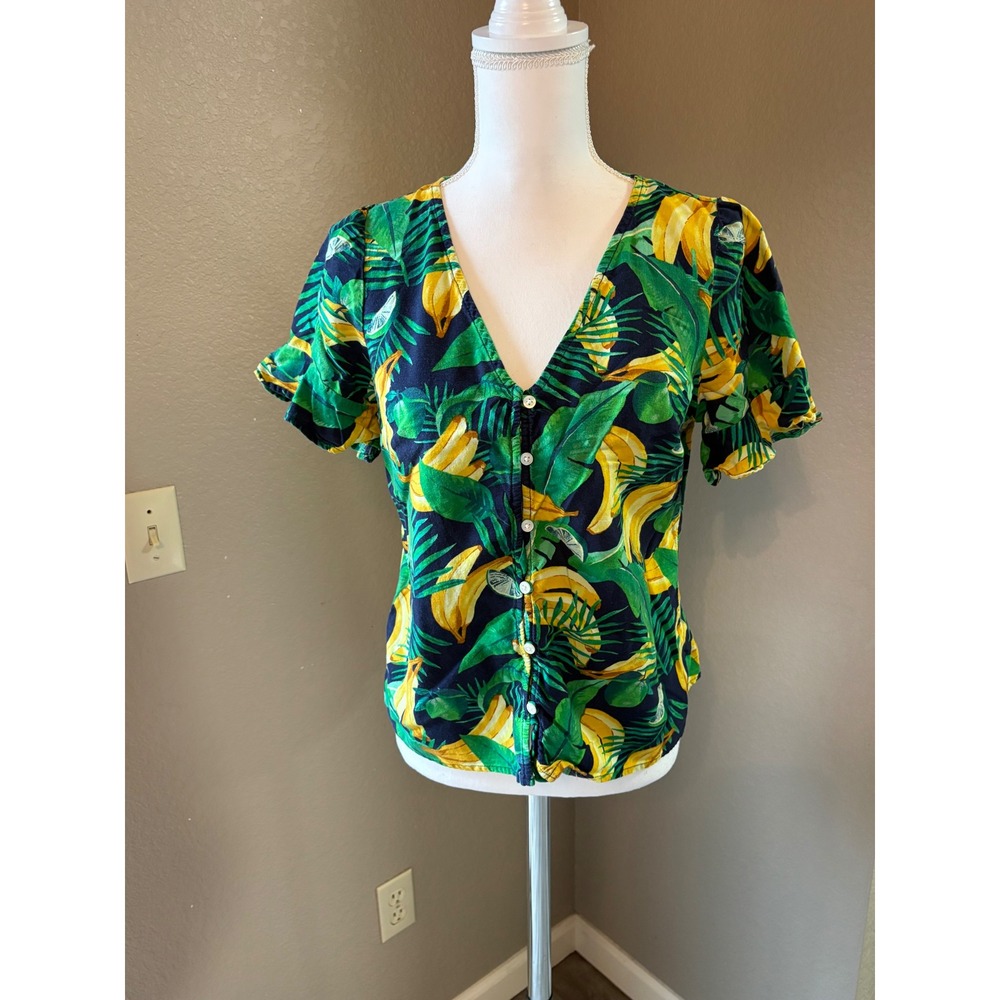 Old Navy Womens S Tropical Banana Print V-Neck Button Front Blouse Cotton Mix